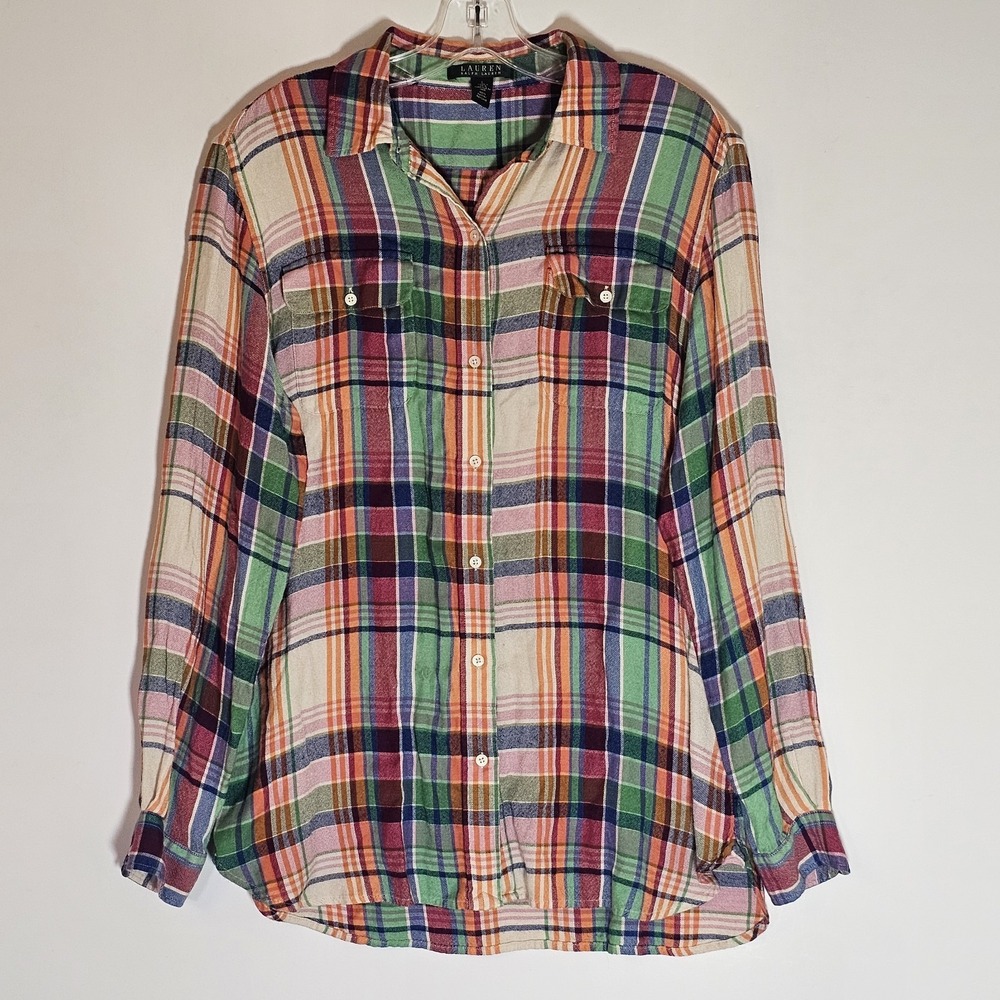Lauren Ralph Lauren Top Womens Large Multicolor Plaid Button Up‎ Casual Pockets